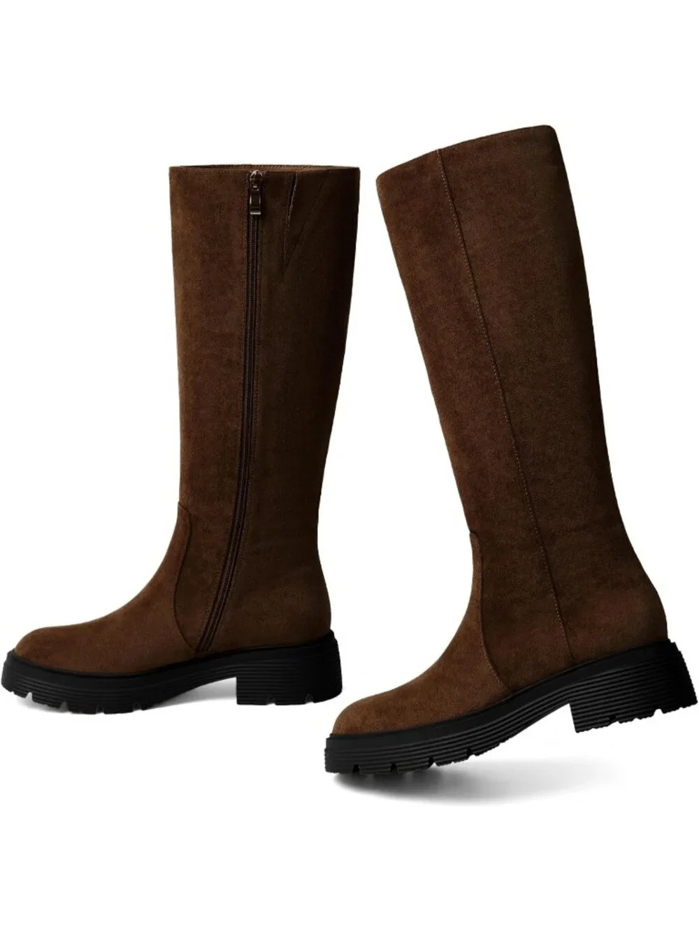 Women's Chocolate Faux Suede Low Block Heel Casual Side Zipper Knee High Boots